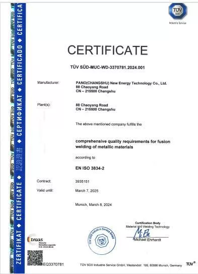 ISO 3834-2 welding quality certification